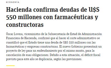 Hacienda confirma deudas de US$ 550 millones con farmacéuticas y constructoras